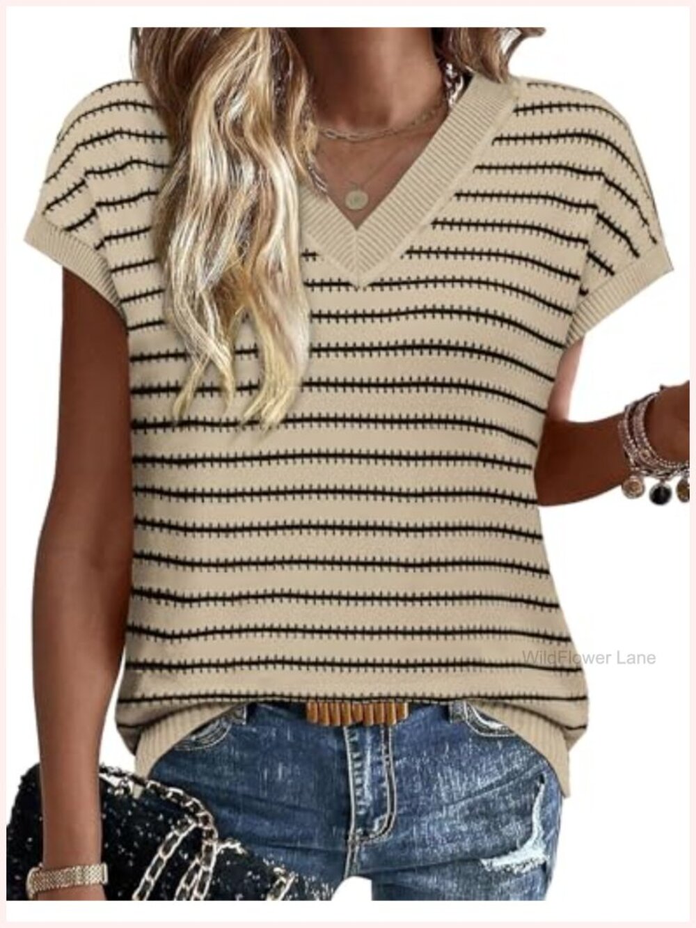 Womens Short Sleeve Striped Sweater V Neck Lightweight Knit Pullover